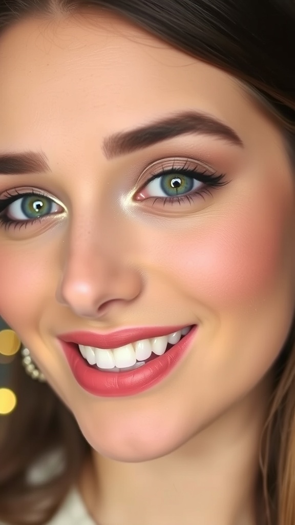 Subtle Christmas Makeup Look Close-up of subtle Christmas makeup with glowing skin, soft blush, and neutral eyeshadow against a festive background.